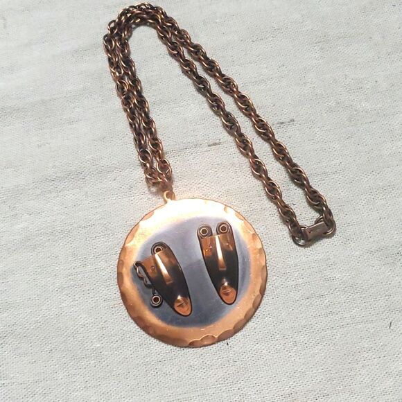 Vintage MCM Copper Rebejas Comedy Tragedy Copper Pendant Necklace - Picture 4 of 9